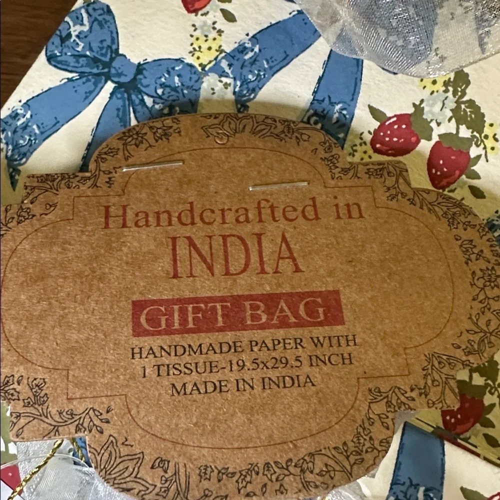 Made in India blue bow and strawberry gift bag with tissue paper